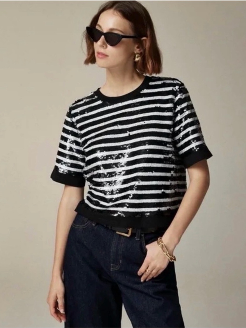 J. Crew Striped Sequin Short-Sleeve Top - Black & White